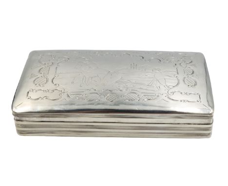 Early Italian Silver Hinged Box, engraved with image of a man plowing the field Approx 4.22 ozt Size: 5 1/2 x 3 1/4 x 1 in.