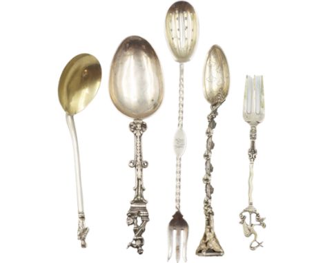 (5) Continental Silver Serving Pieces aprox: 5.28 ozt Mixed with Figural Details and Vermeil Wash Size: 8 3/4 x 1 1/4 in. 171