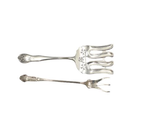 (2) Monogrammed Sterling Servers, approximately 4 OZT. Marked sterling on the back. Reticulated repousse serving fork accompa