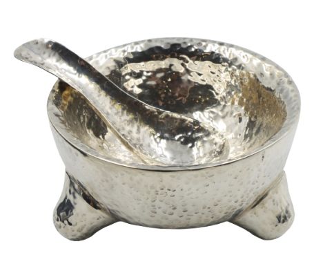 Mexican Trifooted Sterling SIlver Bowl and Spoon. Hand Hammered. 10.26 ozt. Size: 4 1/2 x 4 1/2 x 2 1/4 in.