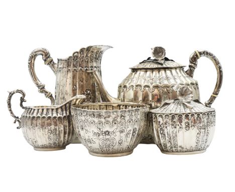 Italian 800 Silver Chaste Tea Set, 5 Piece. Approx 51.9 ozt Size: 9 1/2 x 5 x 6 in.