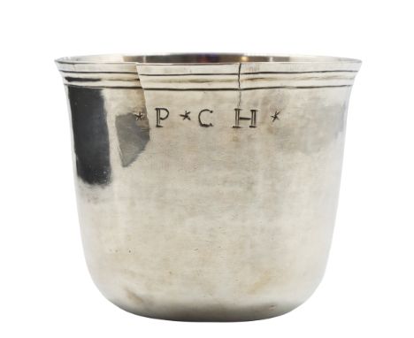 18th Century Continental Silver Cup, split to rim (see photo #2) Approx 2.55 ozt Size: 2 3/4 x 2 3/4 x 2 1/4 in.