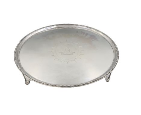 Sterling Silver Salver 43.1 ozt Family Crest. Hibiscus Leaf and Parrot Engraved. Size: 14 1/2 x 1 1/2 in. 1209