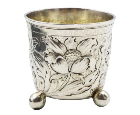 Continental Silver Ball Footed Cup, engraved floral motif, gilt interior Approx 2.71 ozt Size: 3 x 3 x 3 in.