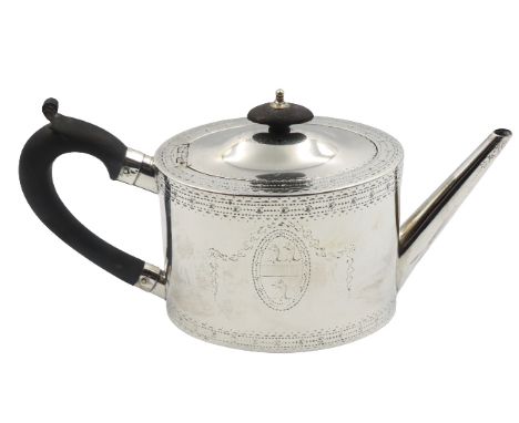 18C English Sterling Silver Teapot 13.3 ozt geo III ca 1782 by j denzilow Size: 10 x 3 1/2 x 5 in.