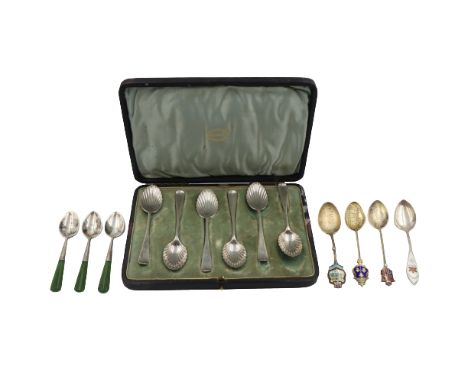 (13) Diminutive Silver Spoons aprox 4ozt (4) Souvinier (3) Green Enamel handles (6) P.H. Golding Plymouth 4 1/4 x 1 (13) spoo