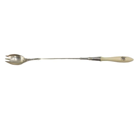 19C American Gorham Sterling Silver Serving Fork. Handle Comprised of Bone and Monogrammed. Size: 13 x 1 1/4 in. 1406
