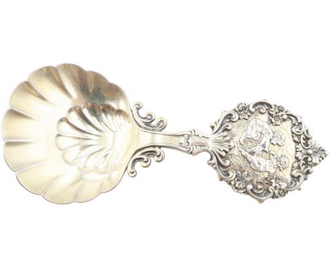 American Tiffany &amp; Co Sterling Tea Caddy Spoon 1.9oz Dated 1681-1781 Two Cherubs Playing Musical Instruments on Handle Cl