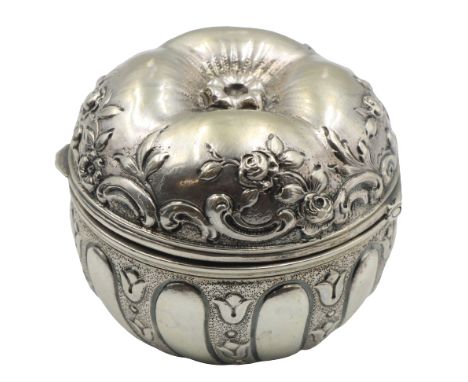 Continental Silver "800" Repousse Box 3 ozt Touch Box appear to be rubbed. Early 19c Size: 2 1/2 x 2 1/2 x 2 in.
