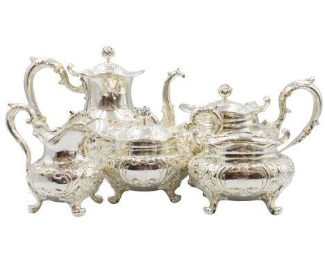 Shreve Crump &amp; Low Sterling Silver Tea Set comprised of five pieces. Approx 99.98 ozt Largest: 9 1/2 x 6 x 7 in.