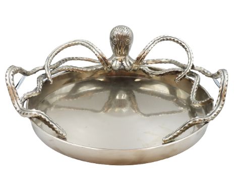 Impressive Oversized Silver Plated Octopus Tray, very unique, two of the tentacles form the handles. Size: 21 x 20 x 6 in.
