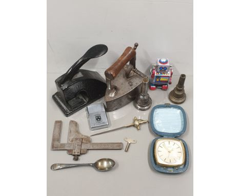 MISCELLANEOUS TO INCLUDE TRAVEL CLOCK ZIPPO LIGHTER 2 TROMBONE MOUTH PIECES SMALL TIN ROBOT WITH KEY ETC