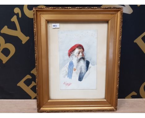 A FRAMED WATERCOLOUR OF A JEWISH ELDERLY MAN SMOKING A PIPE SIGNED BOTTOM LEFT INDISTINCT