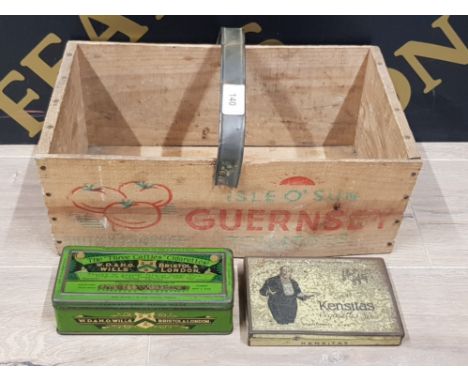 ISLE O SUN GUERNSEY VINTAGE TOMATO BOX TOGETHER WITH 2 VINTAGE CIGARETTE TINS INC KENSITAS AND THE THREE CARTLES CIGARETTES
