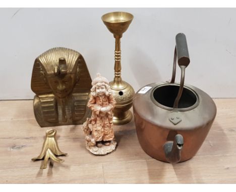 3 PIECES OF BRASS, EGYPTIAN PHARAOH BUST, EASTERN SMOKING PIPE AND SITTING FROG ALSO INCLUDES GIRL FIGURE AND COPPER KETTLE