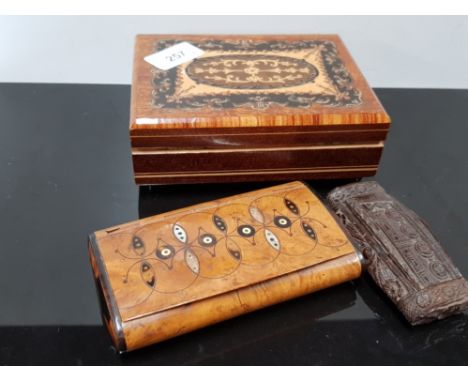 SORRENTO WARE MUSICAL JEWELLERY BOX TOGETHER WITH A LARGE INLAID WOODEN BURL SNUFF BOX PLUS A SMALLER HEAVILY CARVED ONE