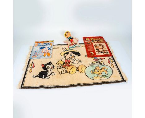 A collection including: a Walt Disney Pinocchio woven rug with bright colors depicting characters Pinocchio, Cleo, Figaro, Ji