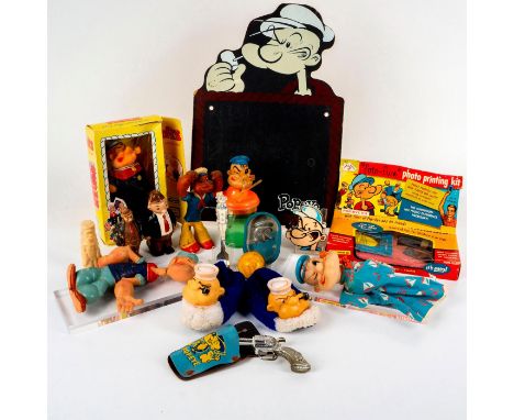 Includes: 1 Popeye The Sailor Man doll in box by Uneeda, 1 photo printing kit in box; 1 pair of slippers; 1 gun with holster;