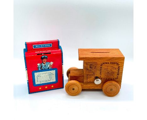 Includes: one wooden US Post Office truck coin bank and music box; and one metal Mail Box Bank, in red, white, and blue color