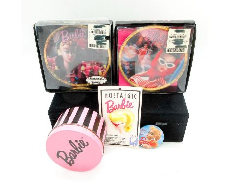 Includes: two "Nostalgic Barbie" pins (1.5-1.75"H, without boxes), two "From Barbie with Love" miniature plates (Roman Holida