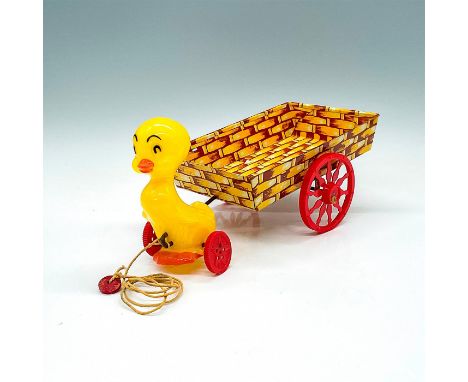 Cute little yellow plastic Ducky with red wheels pulling litho-tin cart with basket design and Mattel Creations backstamp. Th