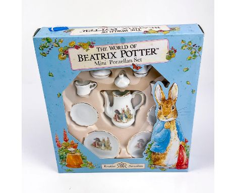 Includes a teapot with lid, creamer, sugar bowl, 2 cups, 2 saucers,and 2 plates with illustrations of Peter Rabbit and Benjam