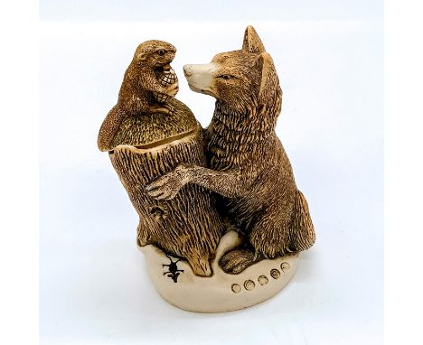 Features a wolf and beaver, with grenade in hand, and beaver family inside tree trunk. Harmony Kingdom factory sticker. This 