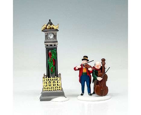 Two separate piece, one is gray clock tower with gold colored bird on top. The other figure is two older gentleman playing a 
