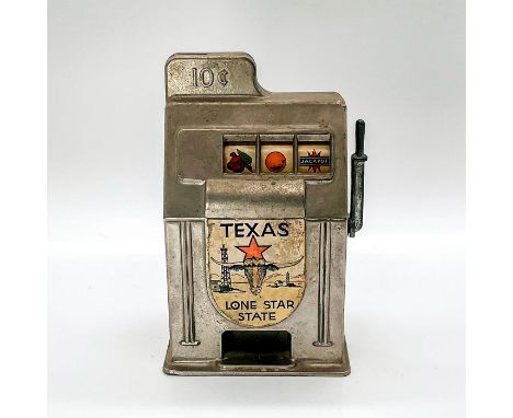 Cast metal slot machine toy, with prize window and arm lever. Las Vegas, NEV backstamp. Dimensions: 3.75"L x 2.75"W x 5.75"HM