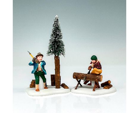 Two separate figures; one of a lumberjack sawing a log in half and the other lumberjack is preparing to cut down a pine tree.
