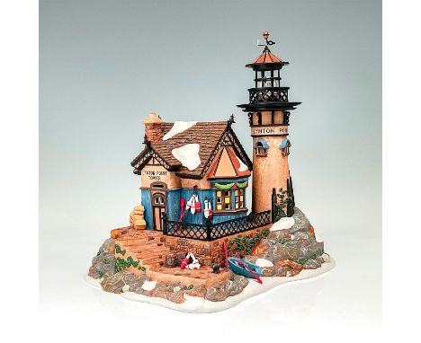 Department 56 figurine ""Lynton Point Tower"". Rustic stony lighthouse alongside lighthouse office. This item has its origina