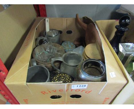 A box of mixed items including metal tankards and trinket pots etc.