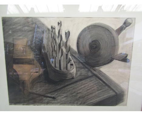L. SMITH: A charcoal and pencil sketch depicting workshop tools, signed and dated 1995, framed and glazed, 46cm x 63cm