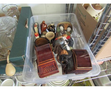 A Scotch whisky decanter, liquer bottles, Guinness mug and two Whitbread pump signs