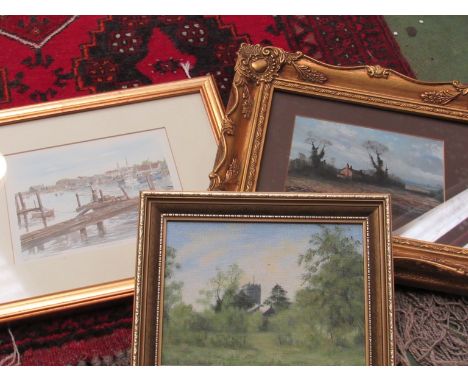 A limited edition Walberswick print, Peter Cockle oil on board "Starston Church" and an unsigned oil of cottage in landscape,