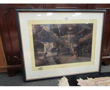 A David Shepherd limited edition print "Willesden Sheds" depicting locomotives No. 486/850, framed and glazed, 39cm x 58cm