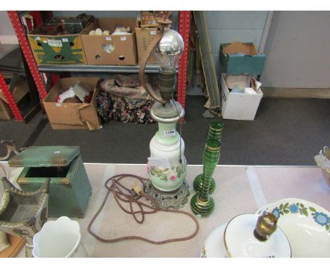 A pair of green glass vases with spiral gilt decoration and a ceramic and brass table lamp with floral decoration 