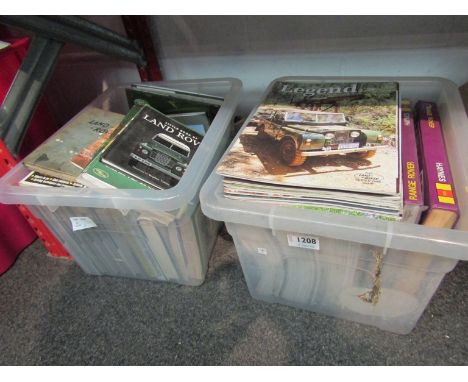 Two boxes of Land Rover books, manuals and magazines including Ware: "Military Land Rover", "The Land Rover", "The Land Rover