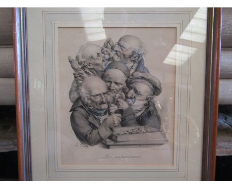 A framed and glazed print, Les Antiquaines, 28cm x 23cm