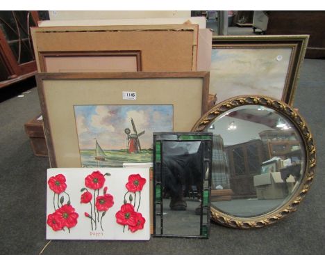 A collection of pictures and prints including Munnings print and mirrors