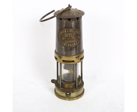 A brass and steel miner's lamp, by F Thomas &amp; Williams of Aberdare, height 25cm