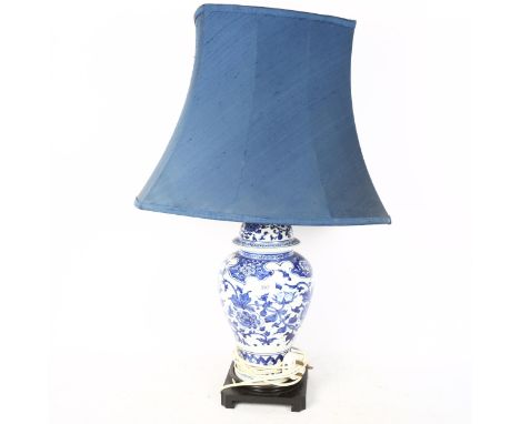 A blue and white porcelain jar and cover lamp and shade, overall height 74cm 