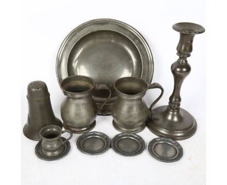 Various Antique pewter, including 18th century dinner plate, tankard, candlestick, desk sander etc 