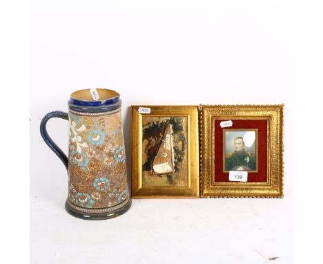 Miniature hand painted watercolour portrait of Napoleon, fragment from HMS Victory, and a Doulton Lambeth stoneware jug, A/F 