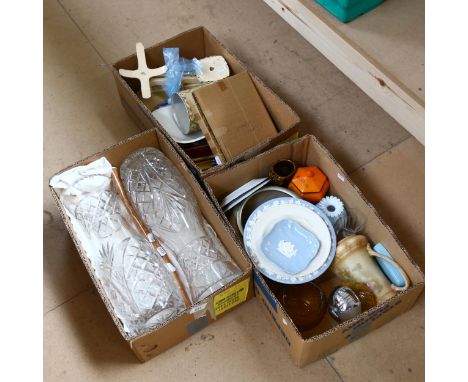 Kitchen scale, jugs, a pair of large glass vases etc 