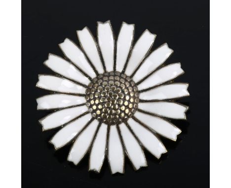 ANTON MICHELSEN - a Vintage Danish vermeil sterling silver and white enamel daisy pattern brooch, diameter 42.5mm, 17.5g 