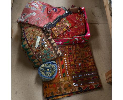 Eastern embroidered throws, a scarf, cushion etc 