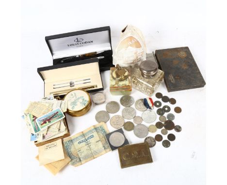 Various collectables, including silver-topped glass inkwell, onyx table lighter, Mount Vesuvius shell, coins, pens etc (boxfu