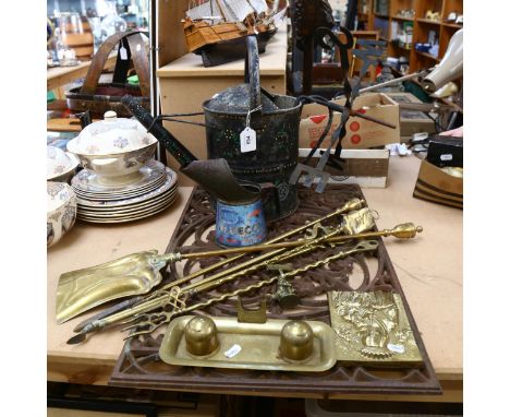 A Barge Ware style watering cane, a weather vane, oil can, a wrought-iron panel, height 64cm etc 