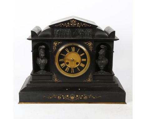 An early 20th century slate-cased architectural 8-day mantel clock, with spelter-mounted bust alcoves, case width 40cm, heigh